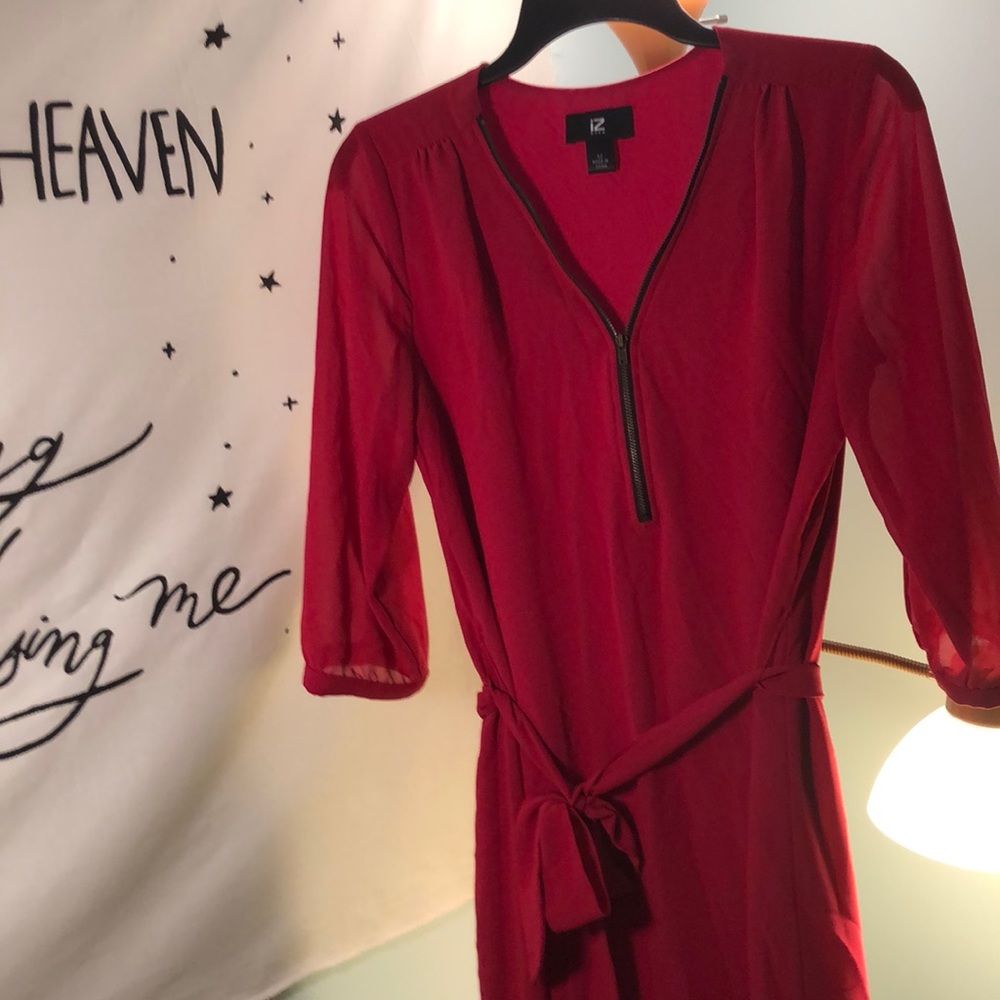 Red sheath dress with sash belt